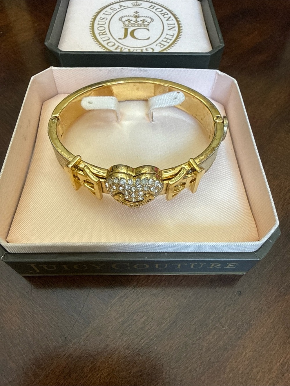 Vintage Juicy Couture Gold Crystal Heart Hinged Bangle Bracelet